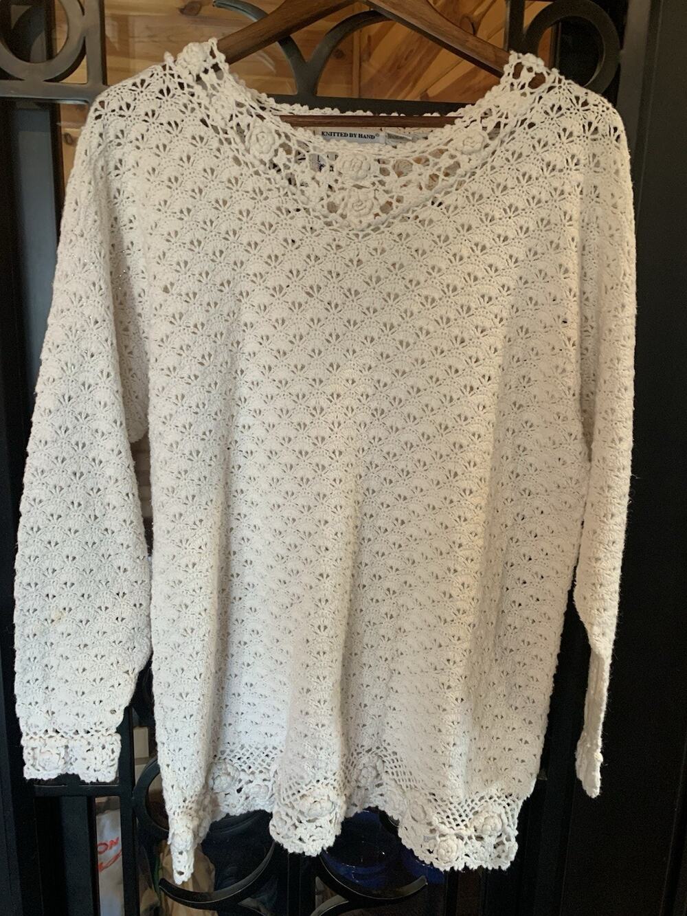 Vintage 90s Carolina Colours Hand Knit Crochet Ivory Pullover Tunic Oversized M